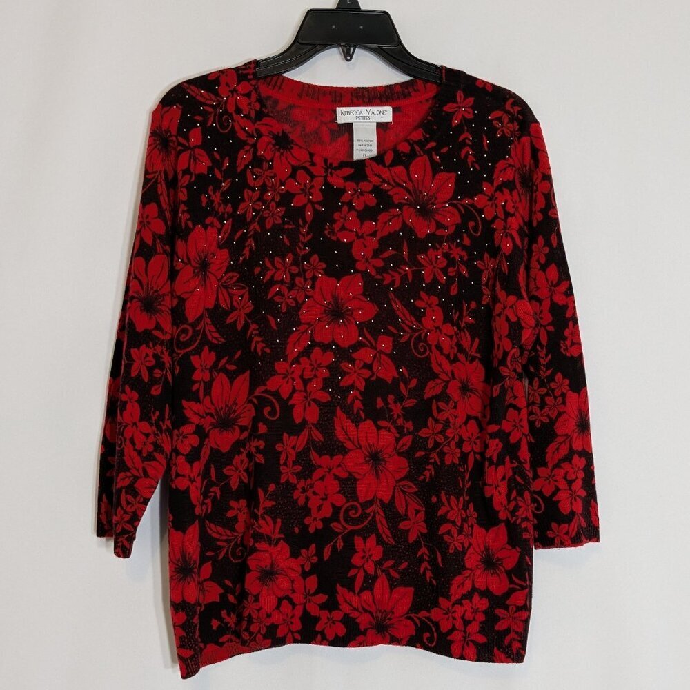 REBECCA MALONE Red/Black Floral Pullover Sweater w 3/4 Sleeves; Size PL